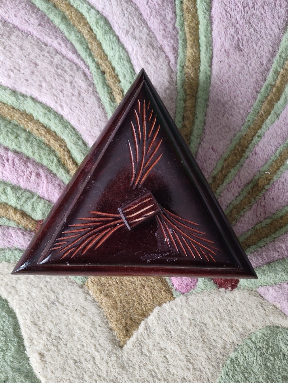 Triangular Carved Wooden Trinket Box - Deep Mahogany